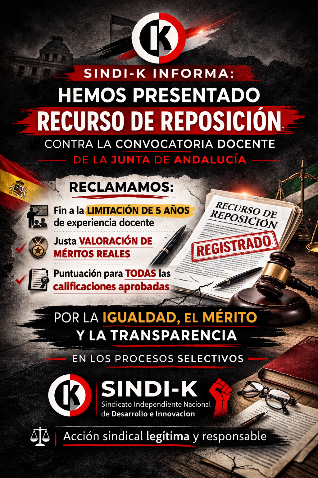 SINDI-K presenta recurso de reposición contra la convocatoria de oposiciones docentes 2026 por vulnerar los principios de igualdad, mérito y capacidad - SINDI-K