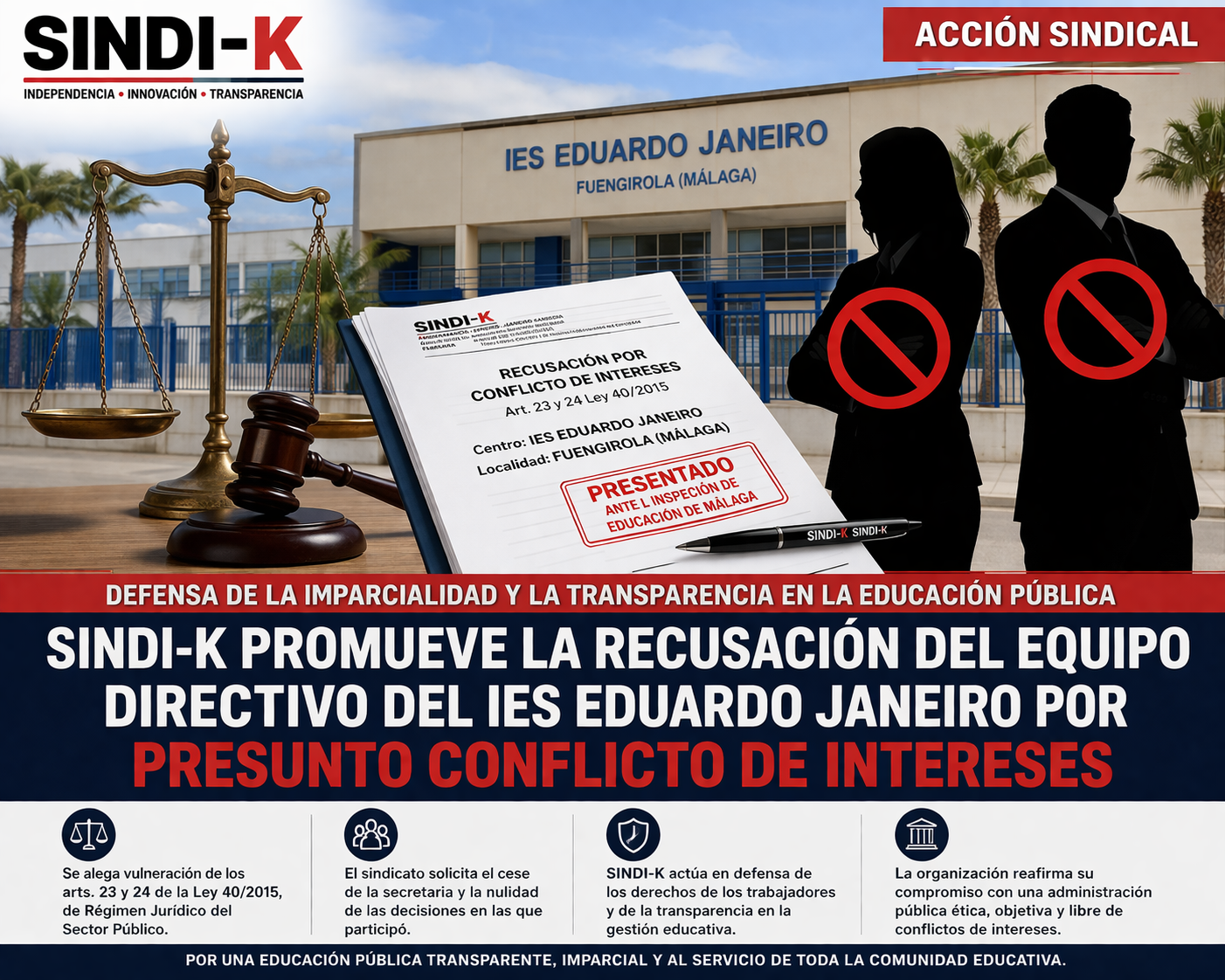 SINDI-K promueve la recusación del equipo directivo del IES Eduardo Janeiro por presunto conflicto de intereses - SINDI-K